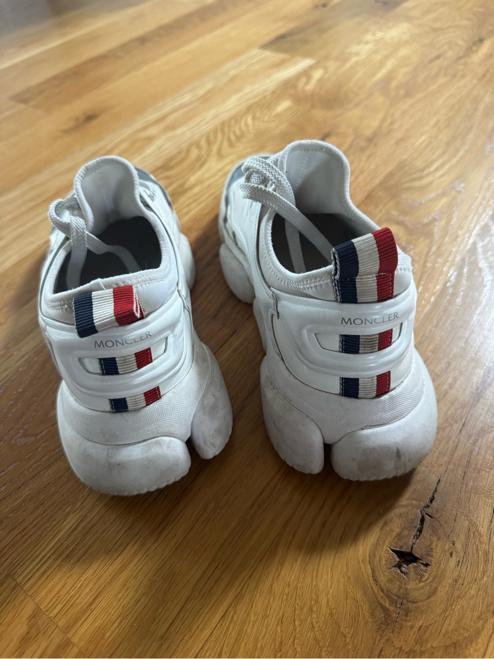 Moncler White Split-Toe Sneakers with Red & Blue Trim